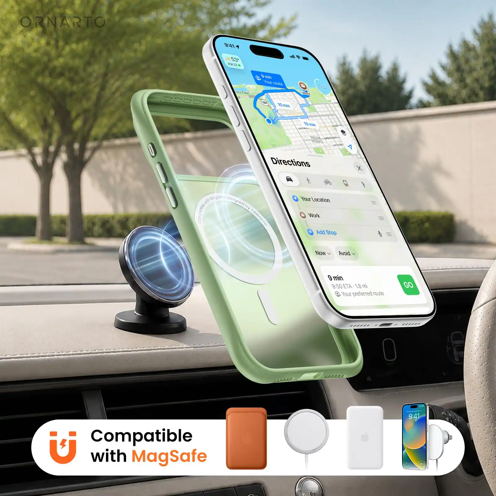 ORNARTO 94 52 MATE - Yuw da 1 - 1 - Wieh 1 Directions X s nners 5 hry Companee CRNAnTe You Location Work Rde Stop Now Avoid 9 min 9:50 ETA 18 m 4 Your preterred tode GO 22220 Compatible with Magsafe 9:41