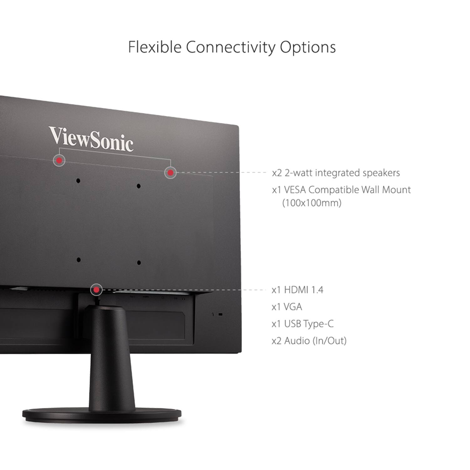 Flexible Connectivity Options

- x2 2-watt integrated speakers
- x1 VESA Compatible Wall Mount (100x100mm)
- x1 HDMI 1.4
- x1 VGA
- x1 USB Type-C
- x2 Audio (In/Out)