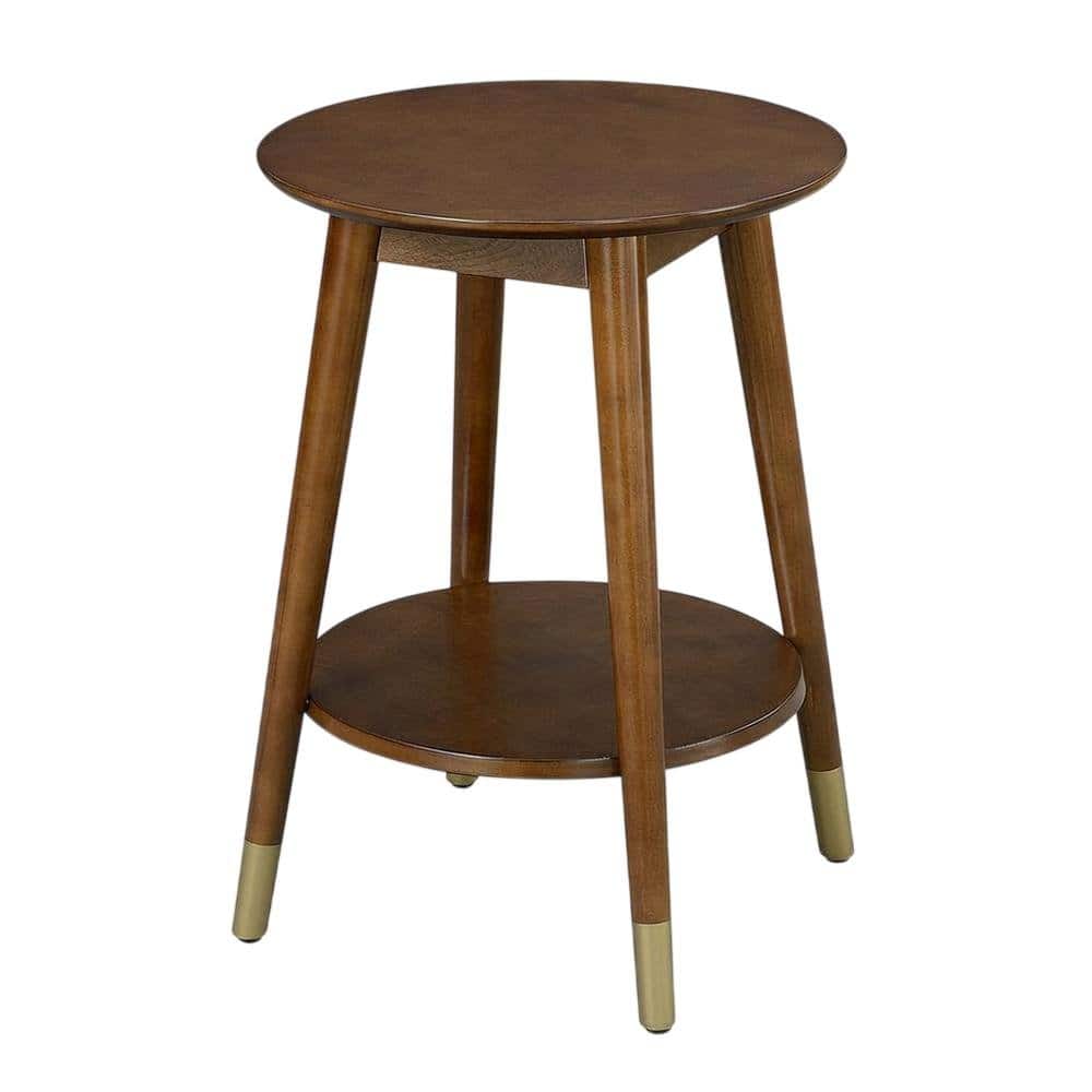 FurniFact - Round Mid Century End Table with Bottom Shelf for Living Room - Brown