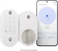The text on the image reads: "9:30 x Front door lock Yale. Tap to unlock. Locked 20 mins ago. 0 Battery 62% Access Vacation mode I Off. Phone sold separately."