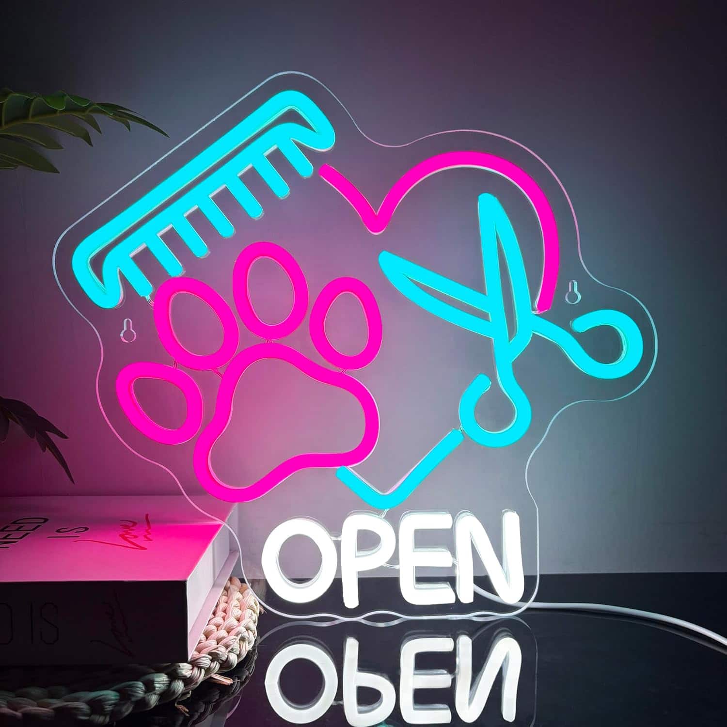 Auledio - Pet Shop Open Neon Sign, Paw Neon Light USB Powered LED Dimmable Scissors Sign, for Pet Shop Business Sign - Blue+Pink+White