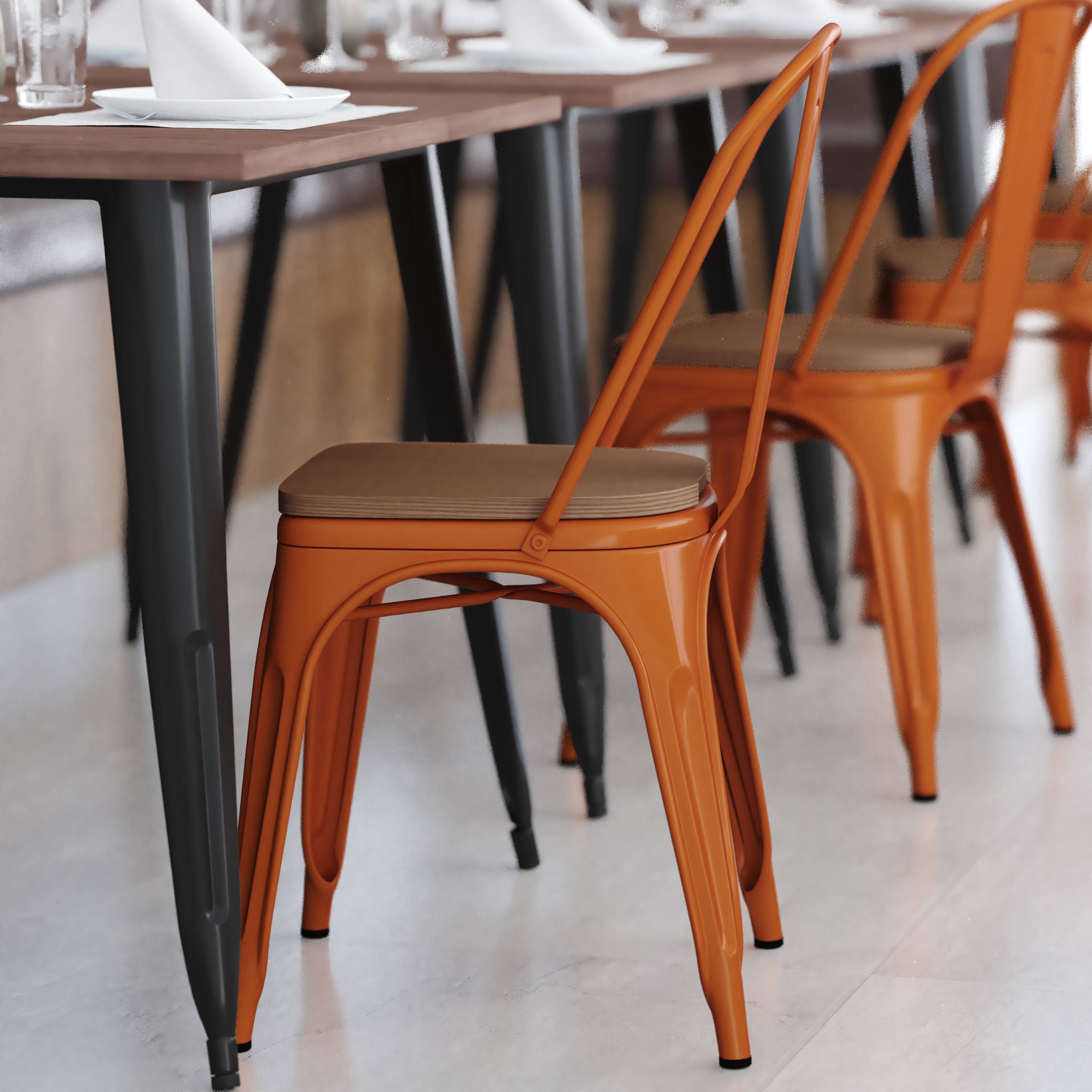 Alt View 4. Emma + Oliver - Perth Metal Stacking Dining Chairs with Poly Resin Seats for Indoor/Outdoor Use - Teak Seat/Orange Frame.