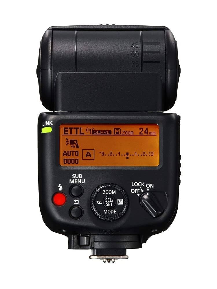 45 60 75  
LINK ETTL SLAVE  
M Zoom 24 mm  
AUTO A  
3..2..1..0..1..2..3  
E 2 1 U  
.. 1 2 E  
0000  
SUB MENU  
ZOOM SEL/SET  
MODE  
LOCK ON OFF
