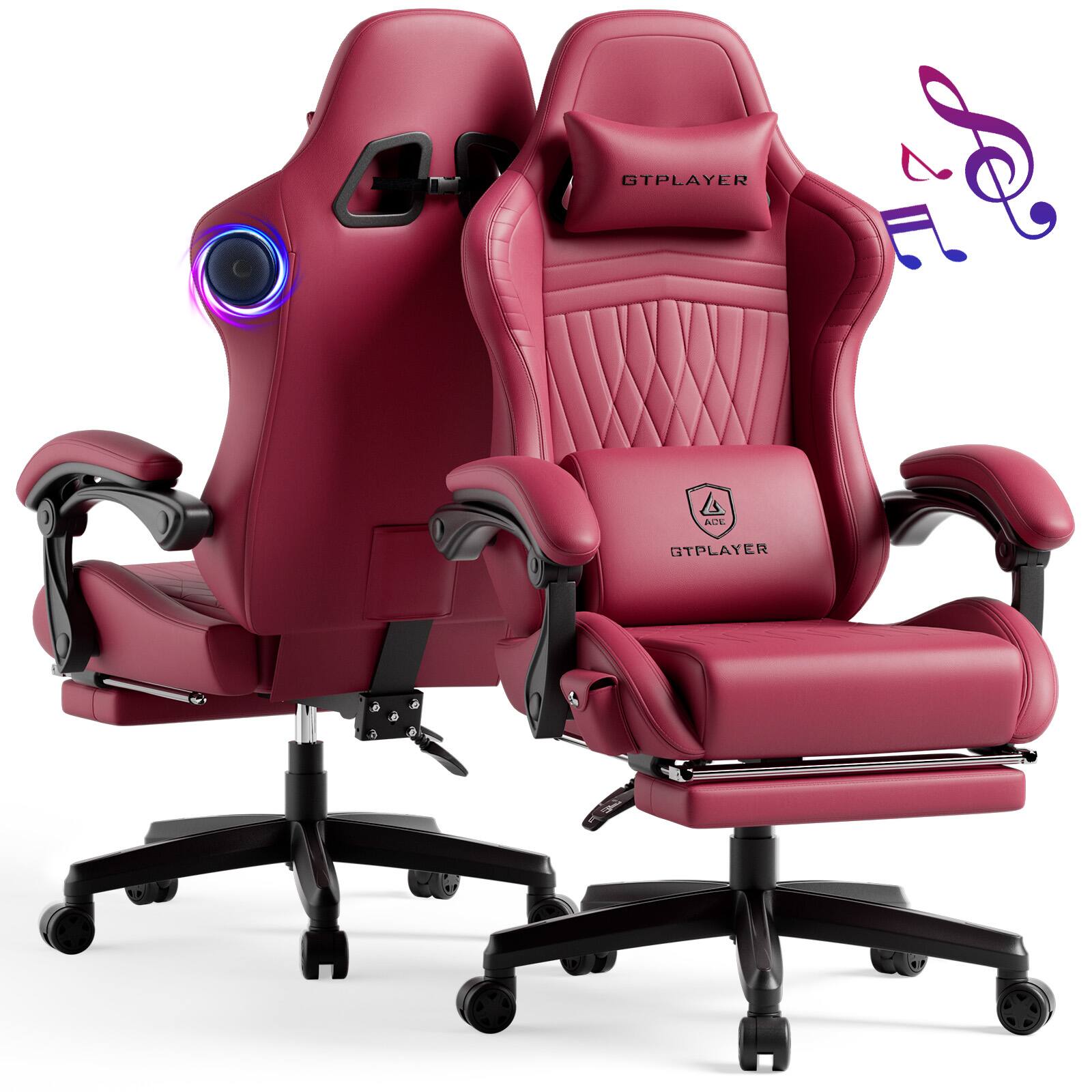GTPlayer - PC Gaming Chair with Speakers Faux Leather Video Computer Chair,Wine Red - WineRed