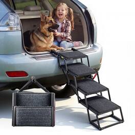 VEVOR - Dog Stairs for Car, 4 Steps Extra Wide Foldable Dog Ramp for Large Dogs with Non-Slip Rug Surface, Portable Lightweight - Black