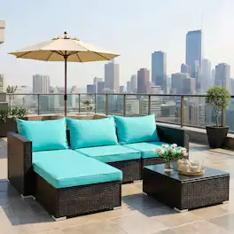 Kadyn - 5 Pieces Patio Rattan Furniture Set with Coffee Table-Turquoise, Patio Seating Conversation Set, Modern Patio Sofa - Blue