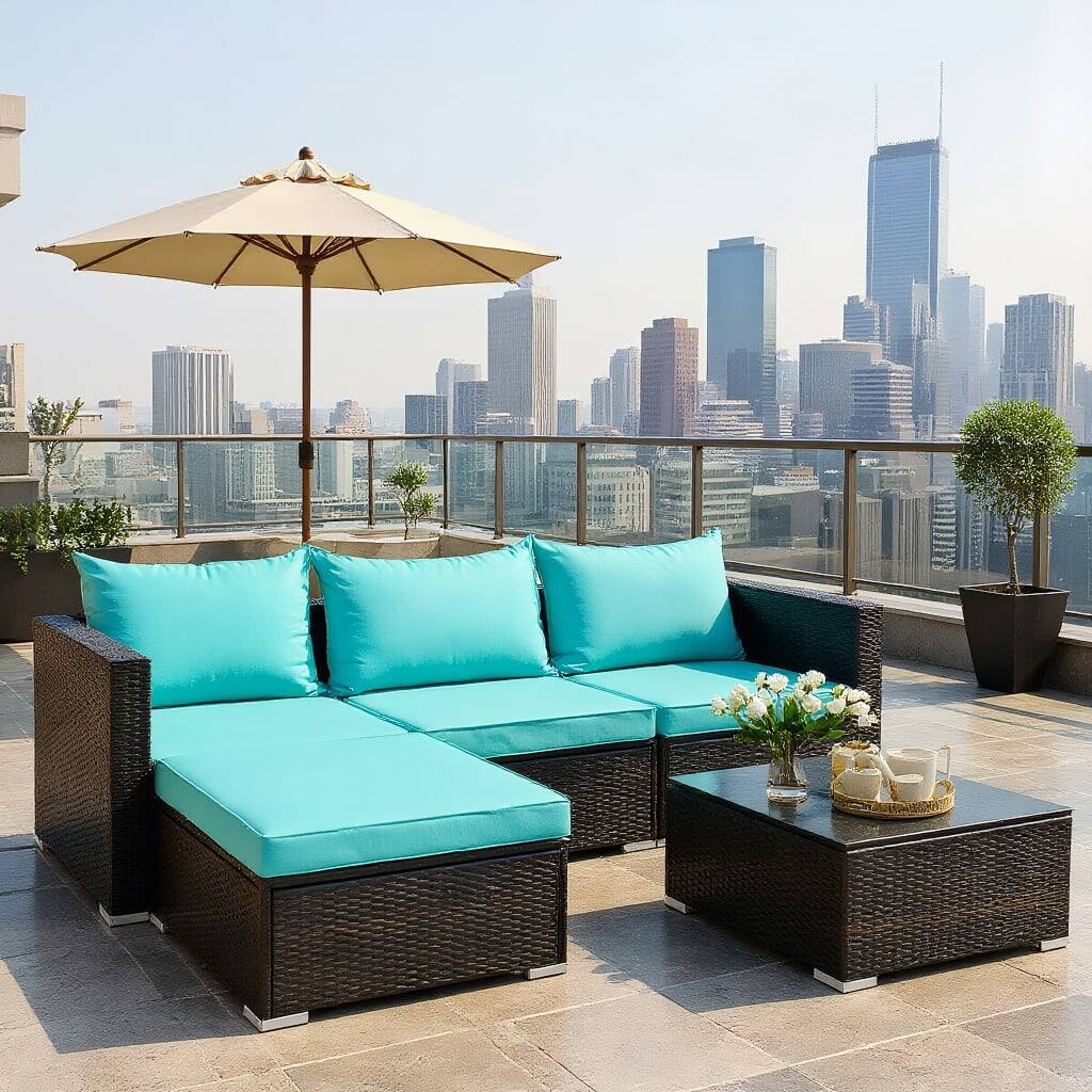 Front. Kadyn - 5 Pieces Patio Rattan Furniture Set with Coffee Table-Turquoise, Patio Seating Conversation Set, Modern Patio Sofa - Blue.