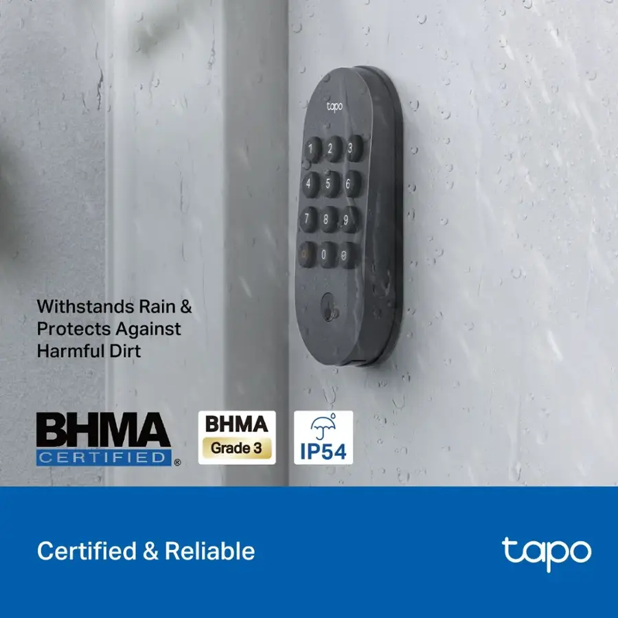 The text on the image reads: "Withstands Rain & Protects Against Harmful Dirt BHMA HMA Grade 3 IP54 Certified & Reliable."