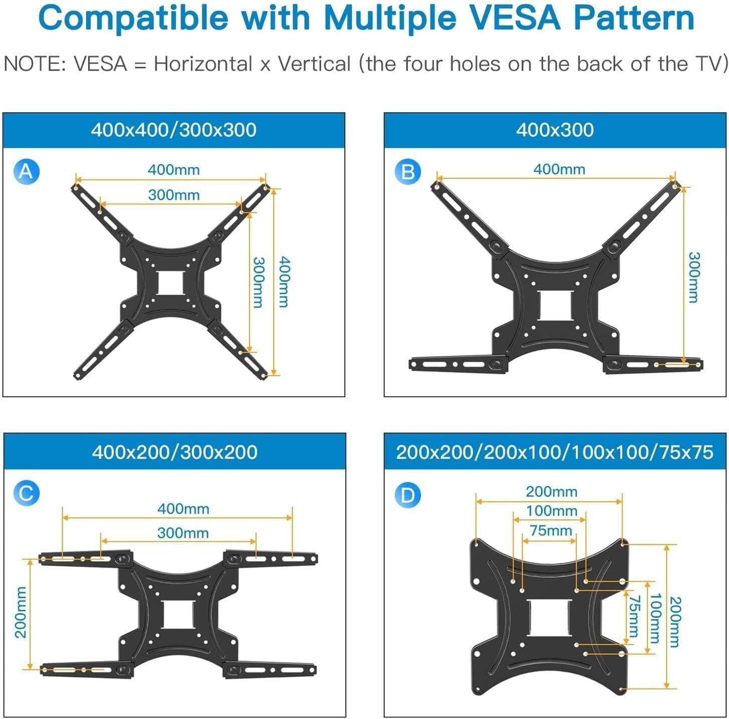 Compatible with Multiple VESA Pattern  
NOTE: VESA = Horizontal x Vertical (the four holes on the back of the TV)  

A  
400x400/300x300  
400mm 300mm  
400mm 300mm  

B  
400x300  
400mm 300mm  

C  
400x200/300x200  
400mm 300mm  
200mm  

D  
200x200/200x100/100x100/75x75  
200mm 100mm 75mm  
200mm 75mm 100mm