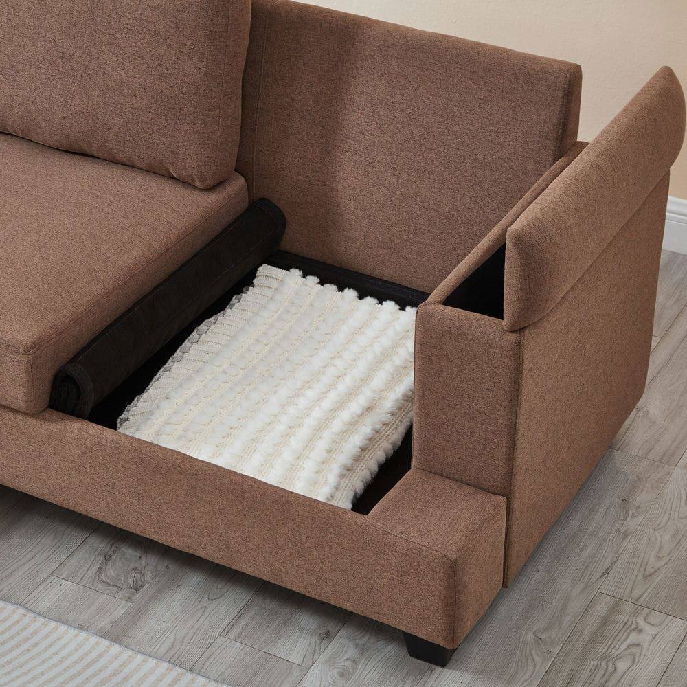 Alt View 10. Resenkos - 86" L-Shaped Sectional with Ottoman, 3-Seat Linen Couch with Armrest Organizer, Brown - Brown.