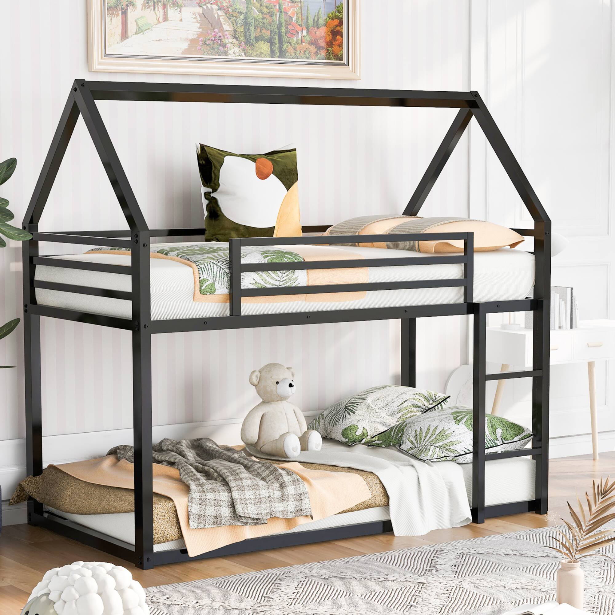 Left. GOODSILO - Space-Saving Twin Over Twin Metal Bunk Bed with Built-In Ladder and Playhouse Design - Black.