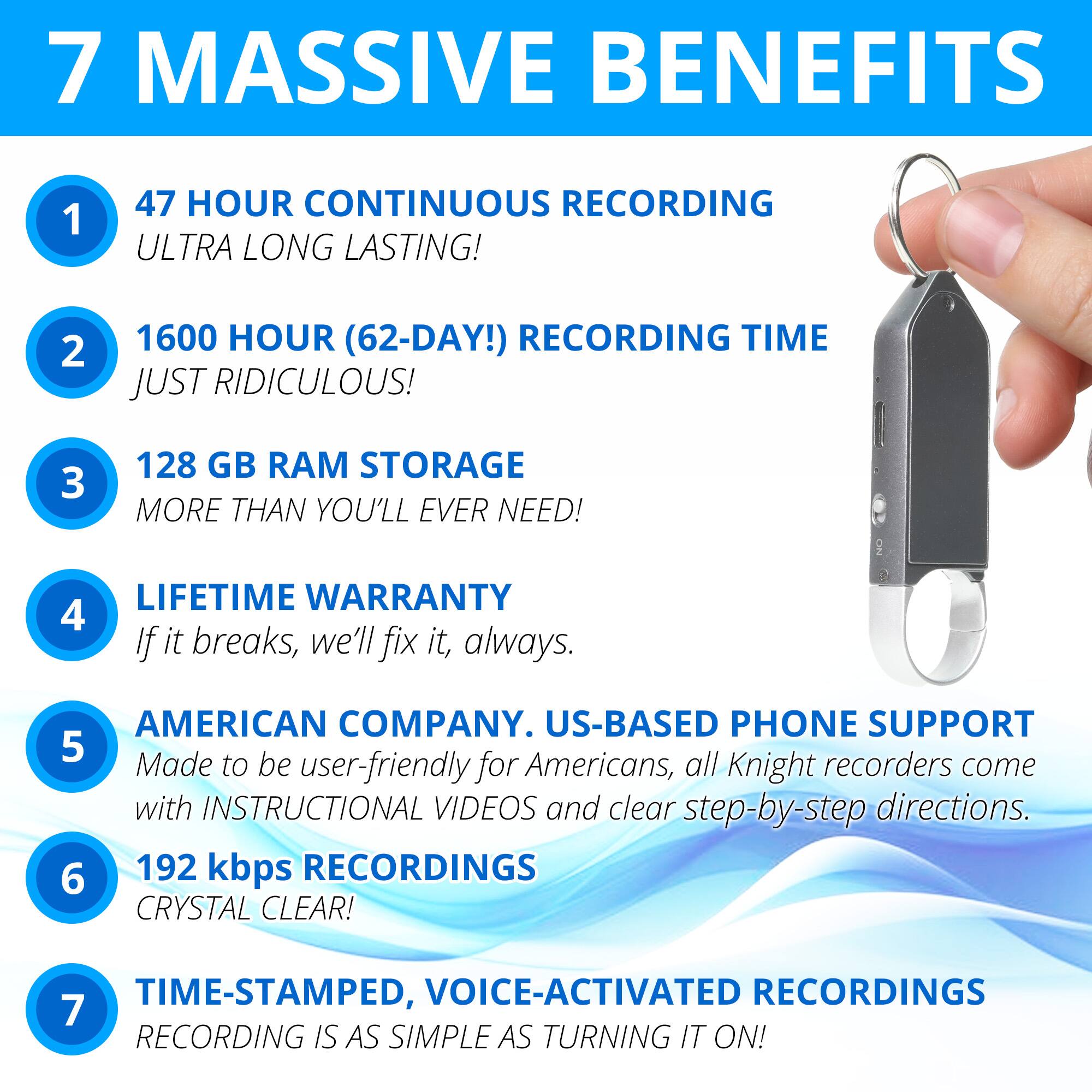 7 MASSIVE BENEFITS

1. 47 HOUR CONTINUOUS RECORDING  
   ULTRA LONG LASTING!

2. 1600 HOUR (62-DAY!) RECORDING TIME  
   JUST RIDICULOUS!

3. 128 GB RAM STORAGE  
   MORE THAN YOU'LL EVER NEED!

4. LIFETIME WARRANTY  
   If it breaks, we'll fix it, always.

5. AMERICAN COMPANY. US-BASED PHONE SUPPORT  
   Made to be user-friendly for Americans, all Knight recorders come with INSTRUCTIONAL VIDEOS and clear step-by-step directions.

6. 192 kbps RECORDINGS  
   CRYSTAL CLEAR!

7. TIME-STAMPED, VOICE-ACTIVATED RECORDINGS  
   RECORDING IS AS SIMPLE AS TURNING IT ON!