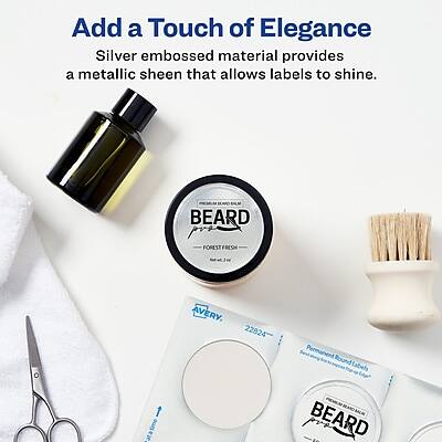 Add a Touch of Elegance  
Silver embossed material provides a metallic sheen that allows labels to shine.

BEARD  
FOREST FRESH  
AVERY 22924  
Permanent Beard Labels