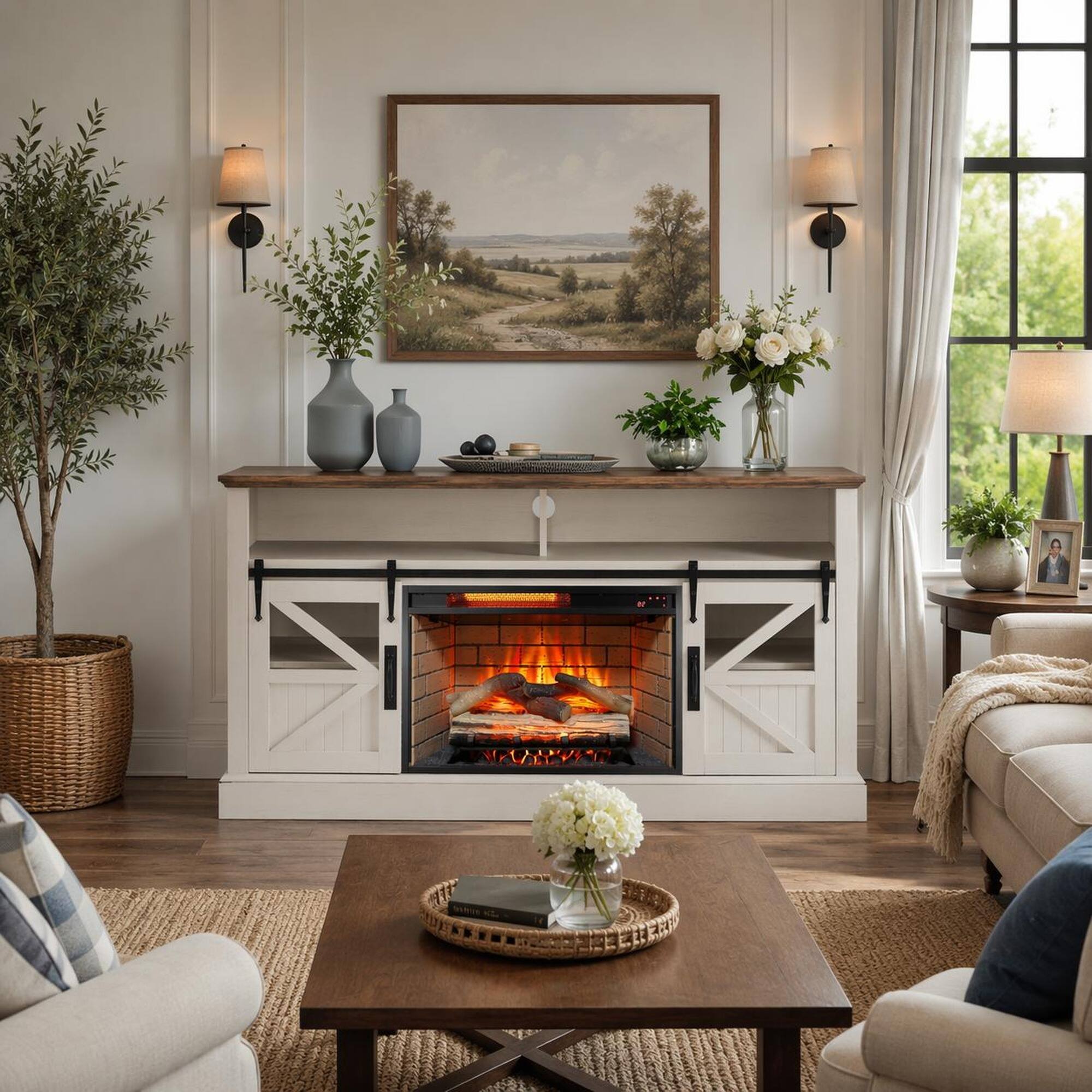 Angle. RYHNUYNE - 60" Electric Fireplace Entertainment Center with Door Sensor – Jasmine White TV Stand for TVs up to 70" - Jasmine White.