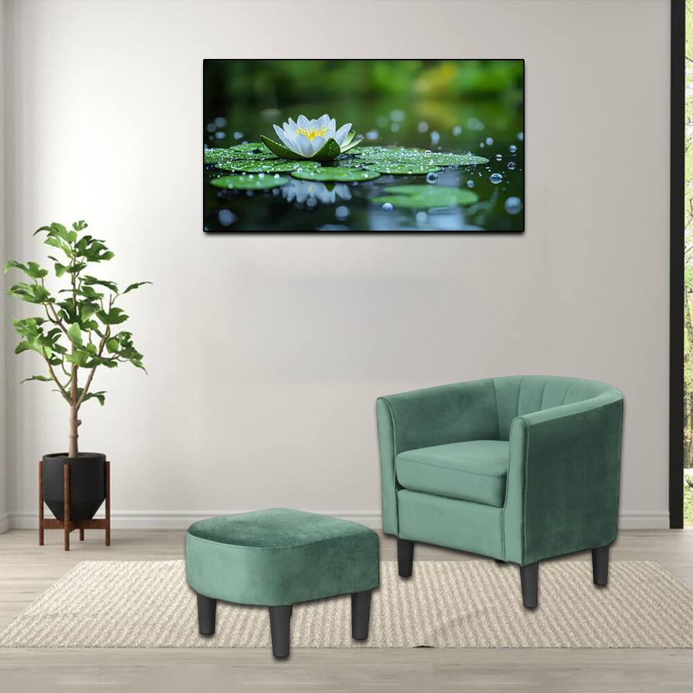 Front. Hivvago - Teddy Velvet Barrel Armchair with Matching Ottoman and Footrest - Green.