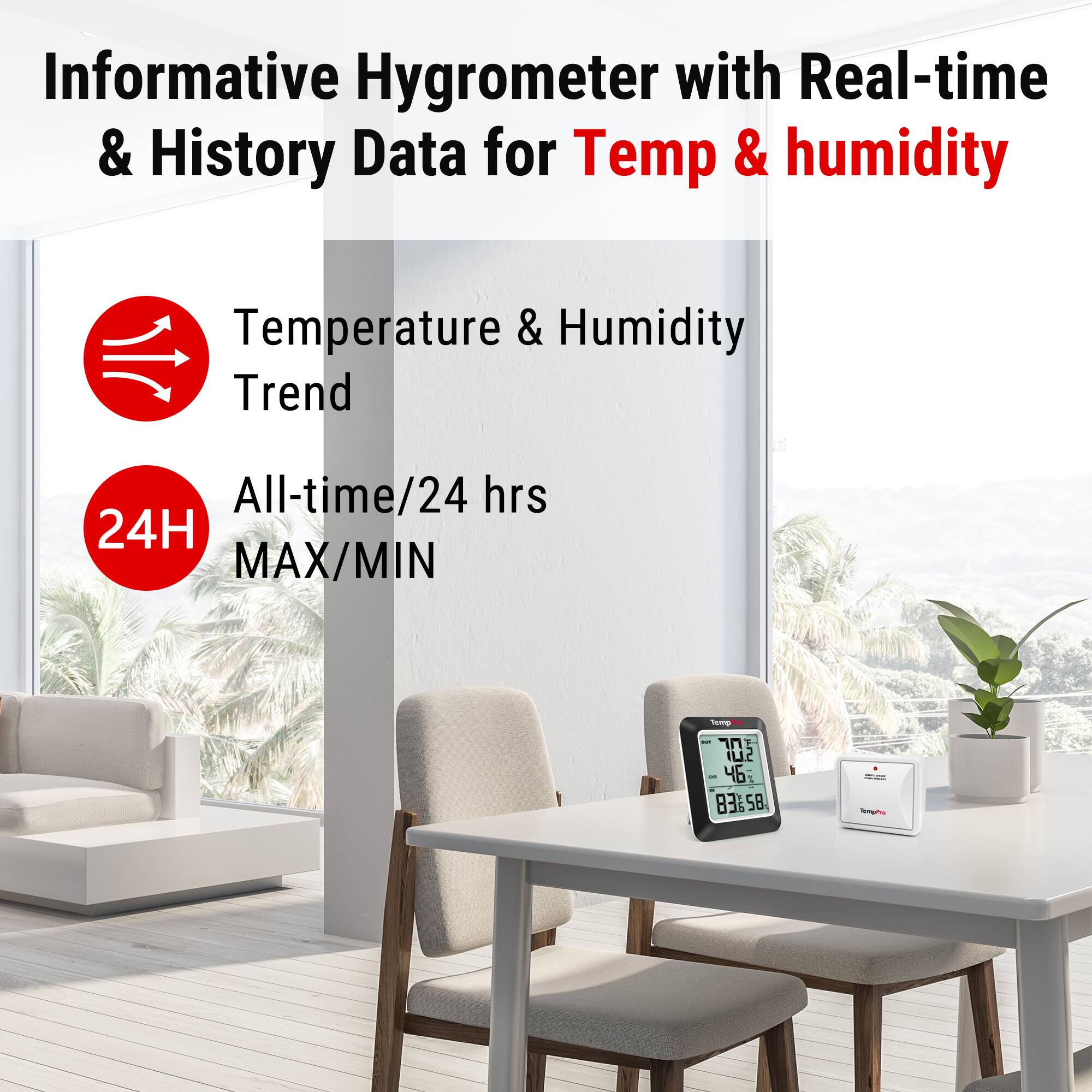 Informative Hygrometer with Real-time & History Data for Temp & humidity

- Temperature & Humidity Trend
- All-time/24 hrs MAX/MIN

24H