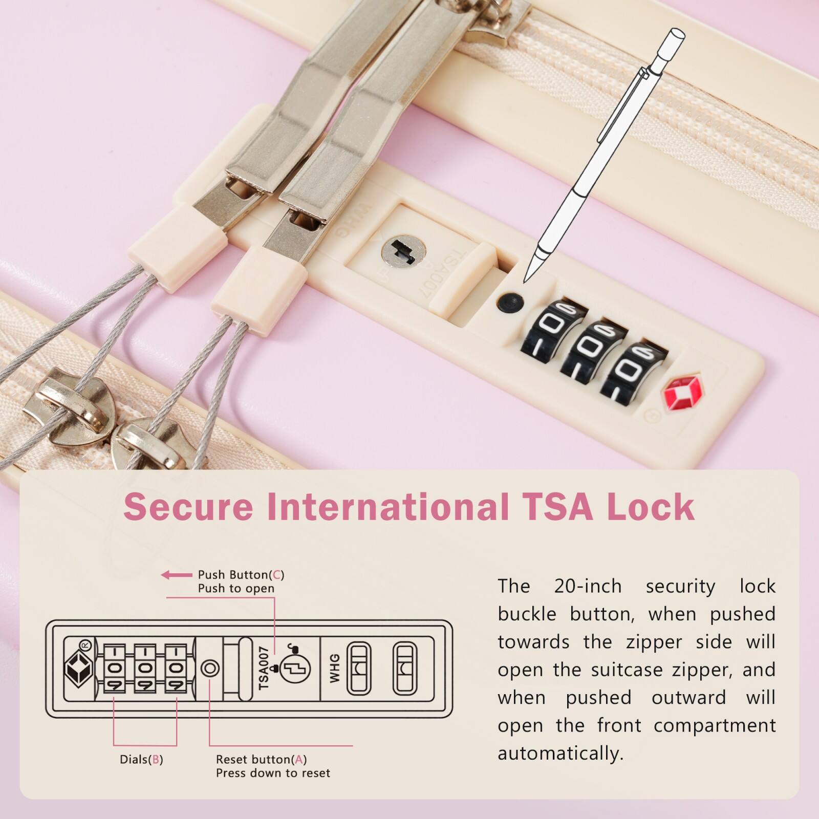 Sure, here is the corrected and grouped text:

---

**Secure International TSA Lock**

- **Push Button (C)**: Push to open
- **Dials (B)**: TSA007
- **Reset button (A)**: Press down to reset

The 20-inch security lock buckle button, when pushed towards the zipper side will open the suitcase zipper, and when pushed outward will open the front compartment automatically.

---

**WHG TSA007**

- 0 0 0
- I 0 6 I O I

---

**Secure International TSA Lock - 19 Dials (B) Push Button (C) Push to open TSA007 WHG Reset button (A) Press down to reset**