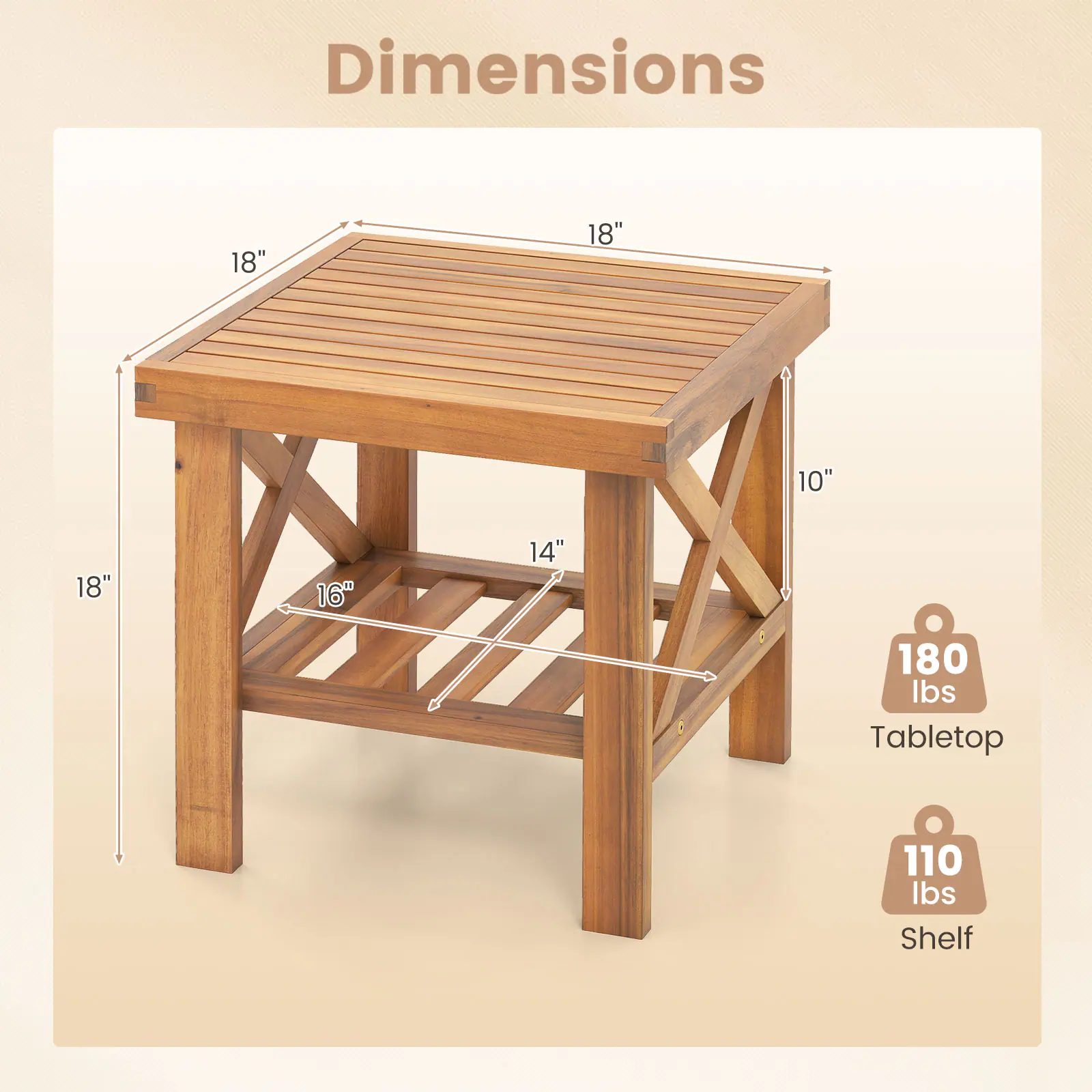 Dimensions:  
- Tabletop: 18" x 18"  
- Shelf: 18" x 14"  
- Height: 10"  
- Weight Capacity:  
  - Tabletop: 180 lbs  
  - Shelf: 110 lbs