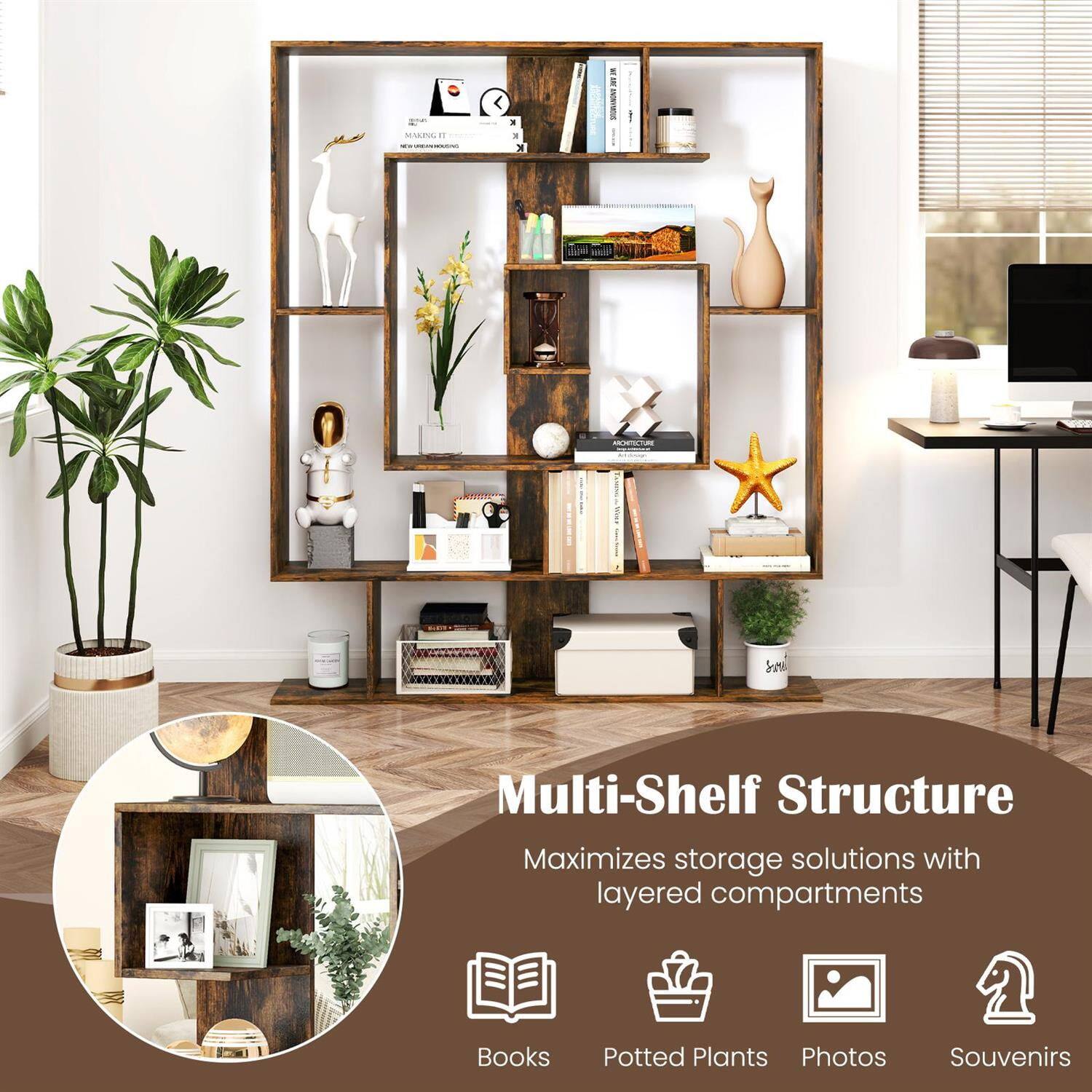 MOCC

Multi-Shelf Structure  
Maximizes storage solutions with layered compartments

- Books
- Potted Plants
- Photos
- Souvenirs