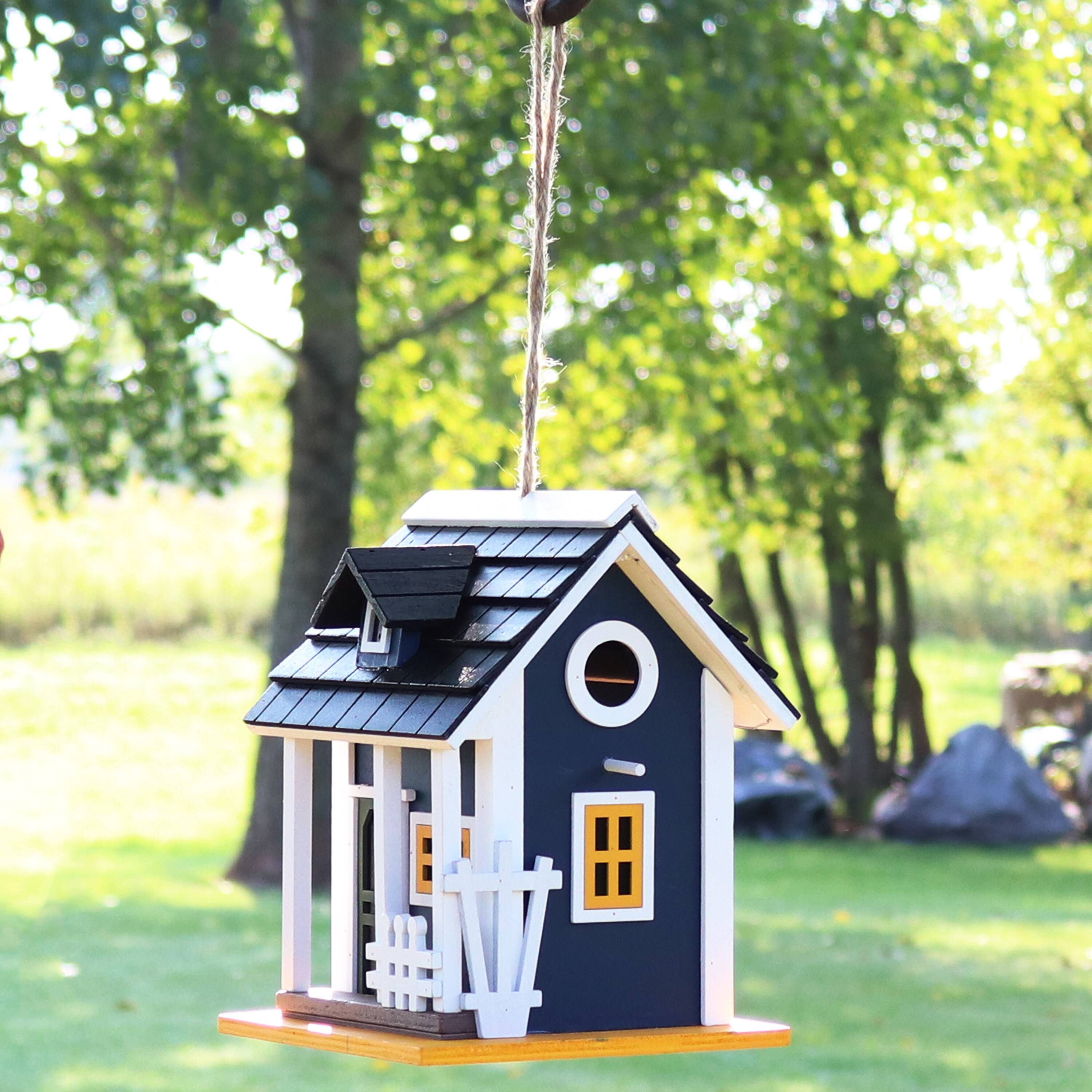 Alt View 3. Sunnydaze - 9.25 in Wooden Cozy Home Birdhouse with Solar LED Light - Midnight Blue.