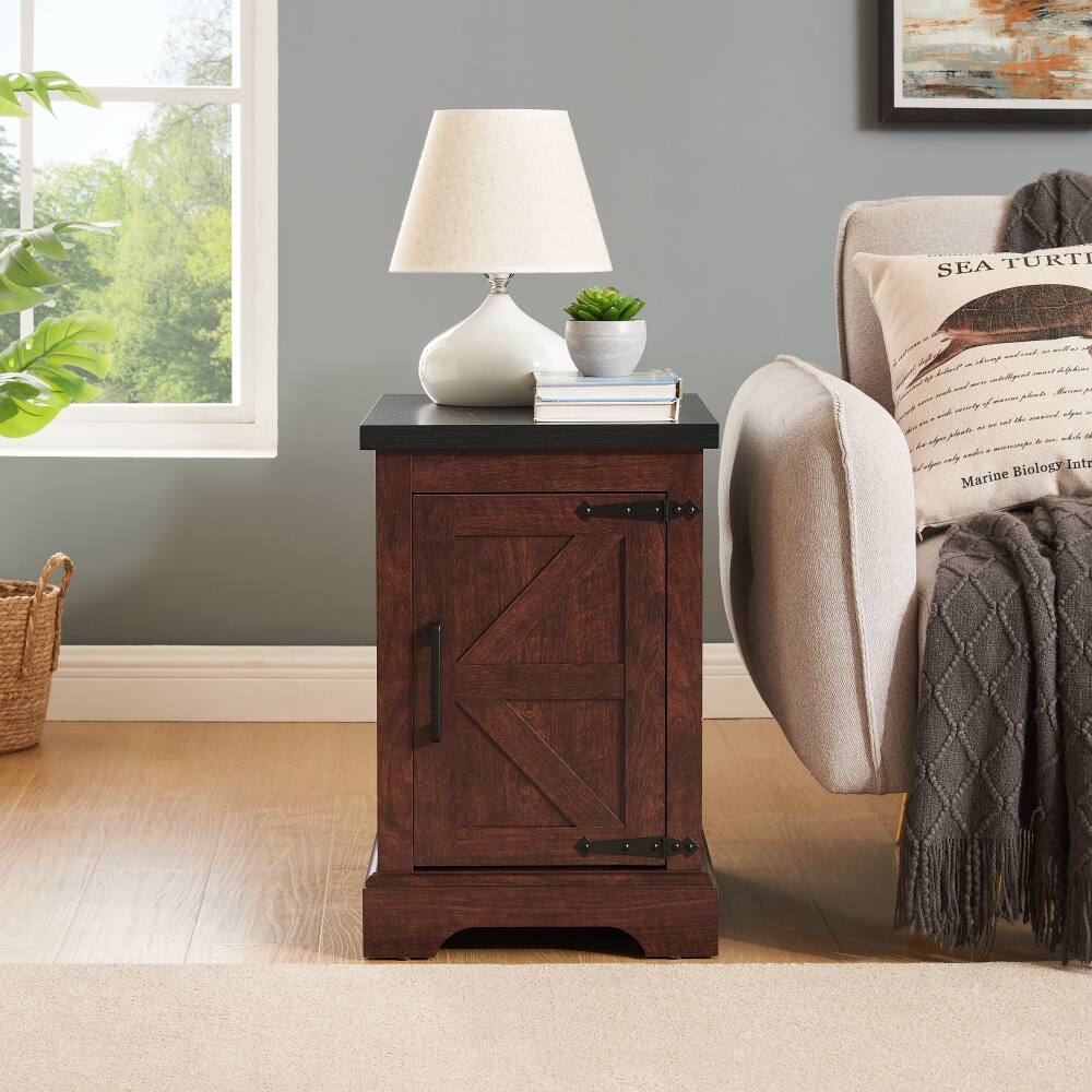 Lirago - Farmhouse End Table with Barn Door Rustic Nightstand Sofa Side Table 23.94"H x 15.75"D x 21.65"W Brown - Oak