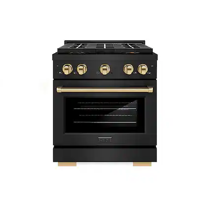 Front. ZLINE - Autograph Edition 30 in. 4.2 cu. ft. Paramount Freestanding Gas DuoPro Range in Black Steel and Polished Gold Accents - Black Stainless Steel.