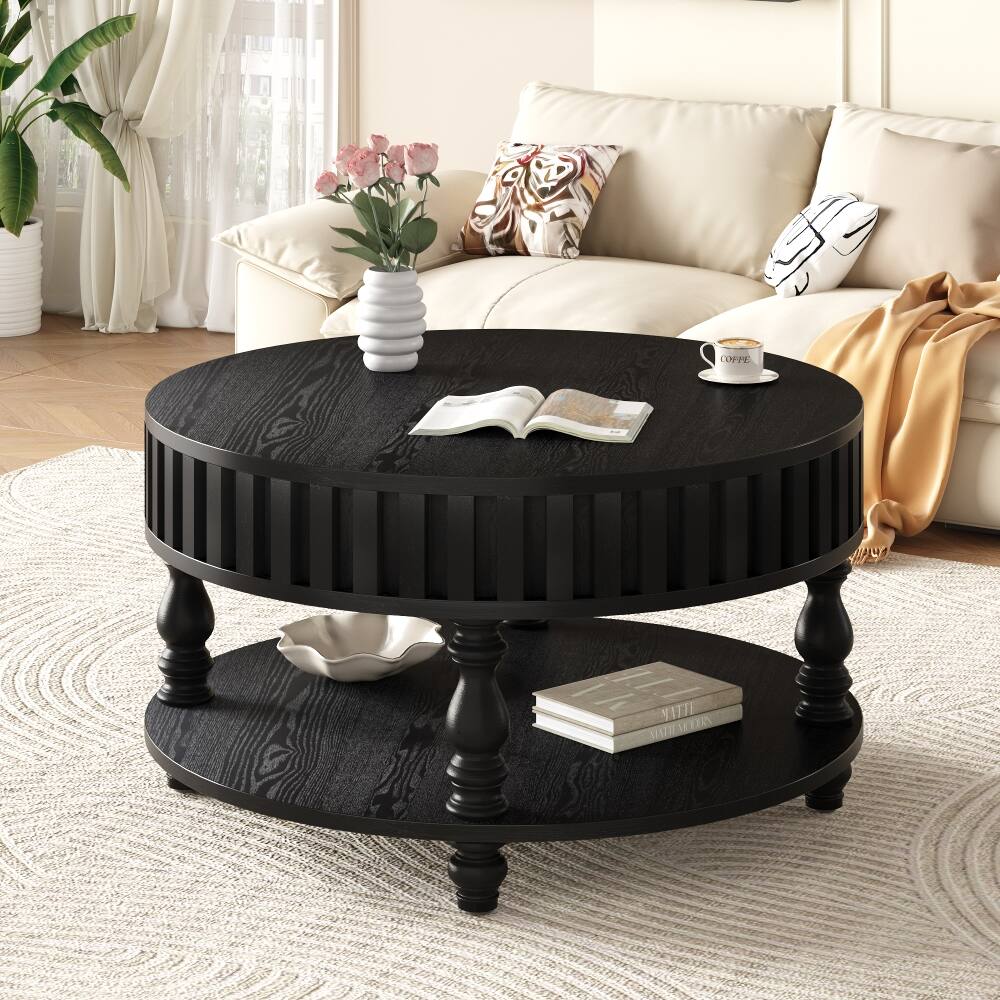 Loheer Fluted Coffee Table, Round Center Table with Storage, Solid Wood ...