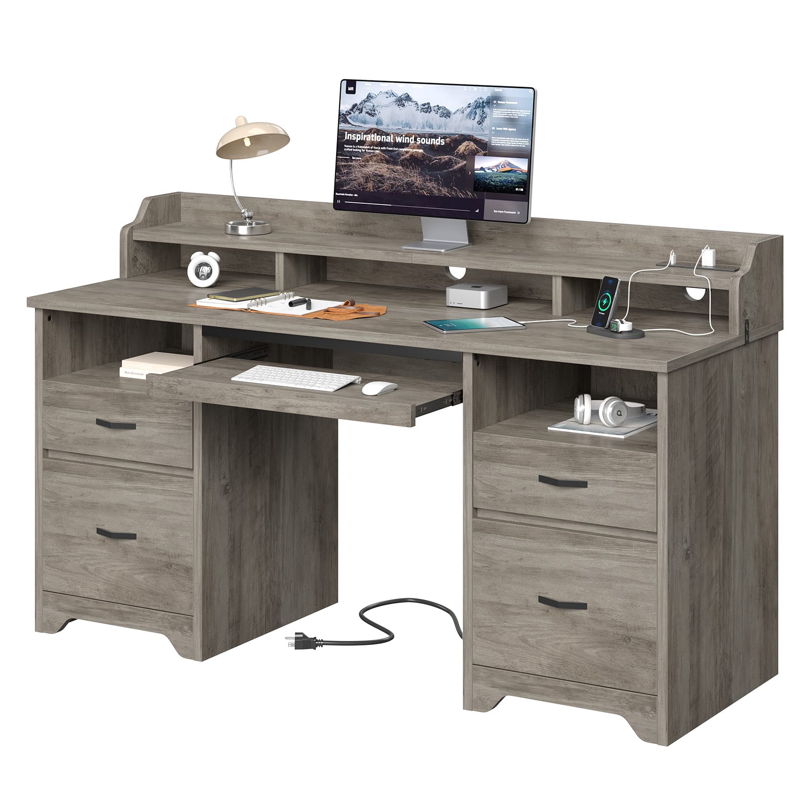 Bestier - 59" Computer Desk with Charging Station, Lockable Drawers & Monitor Stand, Sturdy Office Desk for Work & Study - Grey Wash