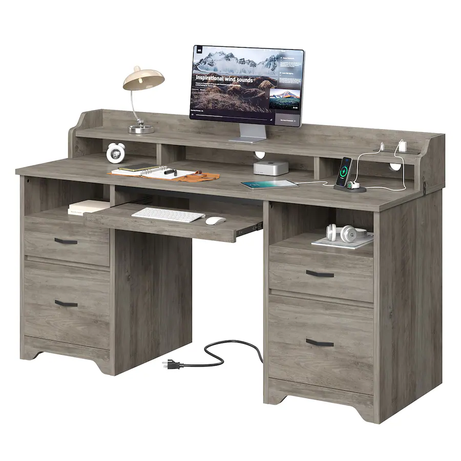 Bestier 59" Computer Desk with Charging Station, Lockable Drawers ...