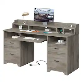 Bestier - 59" Computer Desk with Charging Station, Lockable Drawers & Monitor Stand, Sturdy Office Desk for Work & Study - Grey Wash