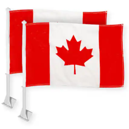 Front. G128 - 2-Pack Canada Car Flags, 11 x 17 in — Double-Sided 150D Polyester with 19.25 in Flagpoles and Window Clips. - Assorted Colors.