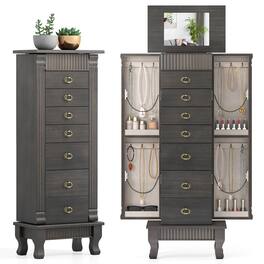 Costway - Jewelry Cabinet Armoire Box Storage Chest Stand Organizer Wood Christmas Gift - Gray