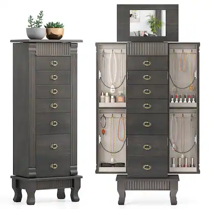 Front. Costway - Costway Jewelry Cabinet Armoire Box Storage Chest Stand Organizer Wood Christmas Gift - Gray.