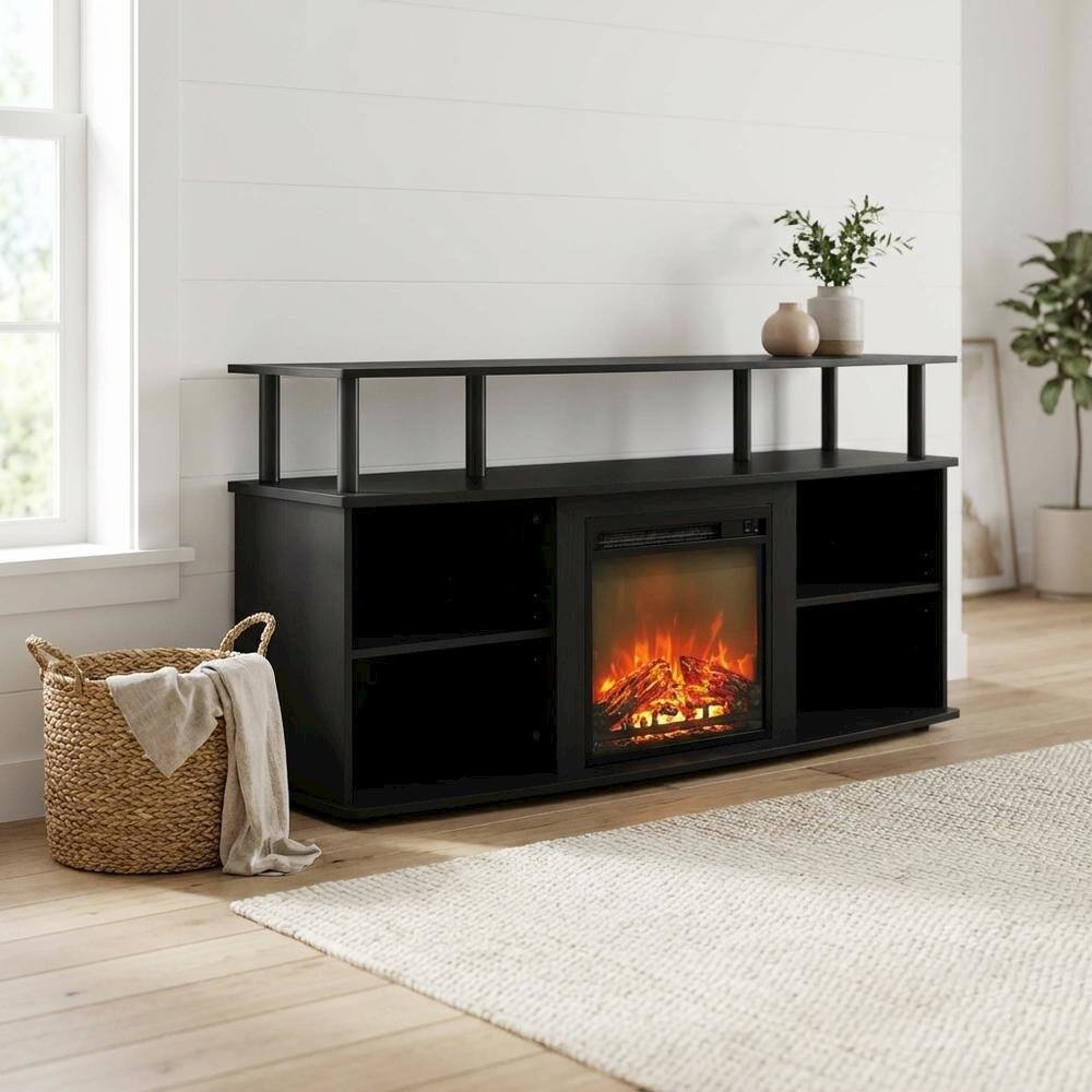 Alt View 2. FurniFact - Black Open Shelving Entertainment Center, Ample TV storage, up to 55 inches - Brown.