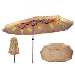 Costway - 15 x 9 FT Solar Double-sided Patio Umbrella with Crank Lift & 12 Ribs - Brown + Black