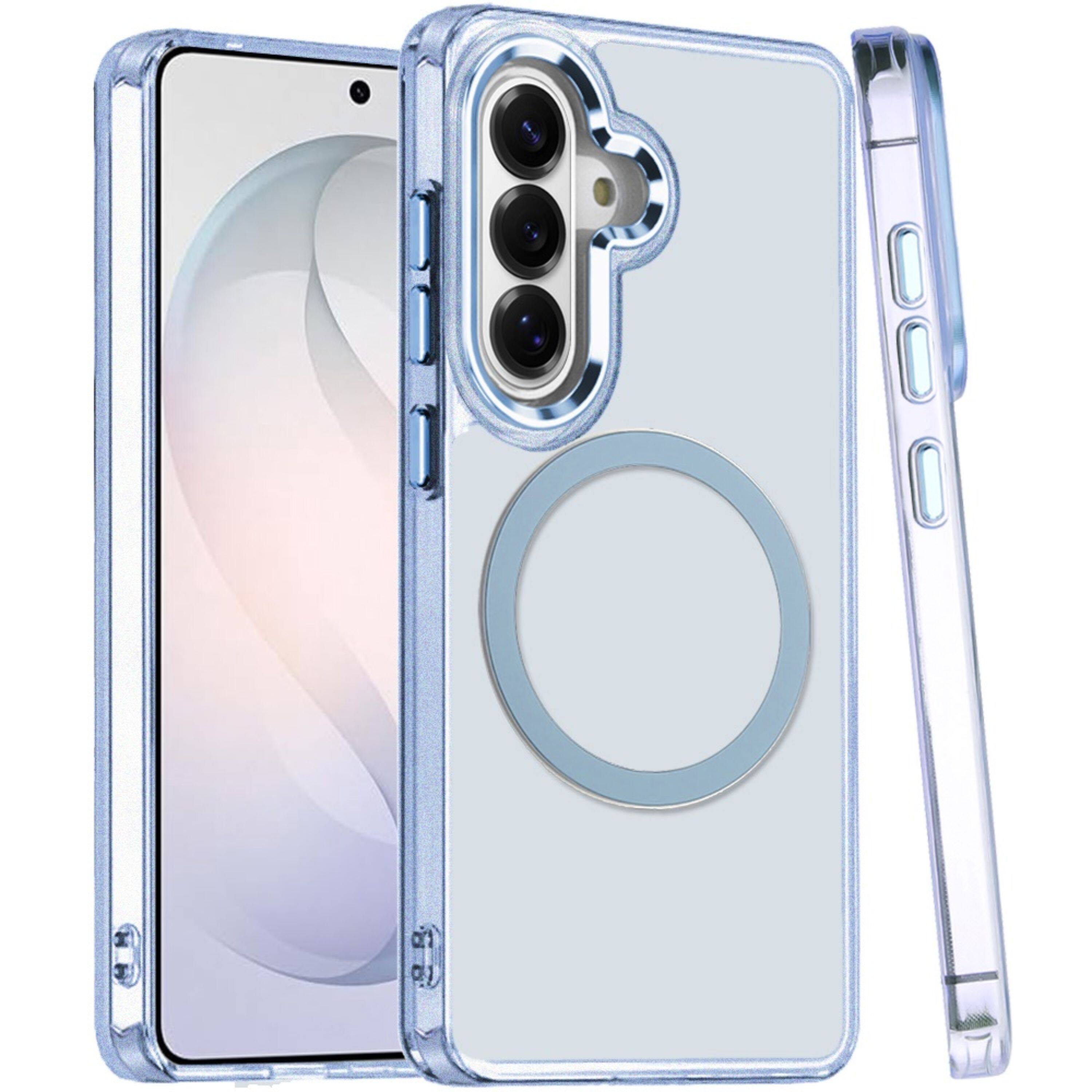 Angle. Kitcheniva - Trans-Clear Metal Buttons Phone Cover Plus Tempered Glass For Samsung S26 FE Light Blue - Light Blue.