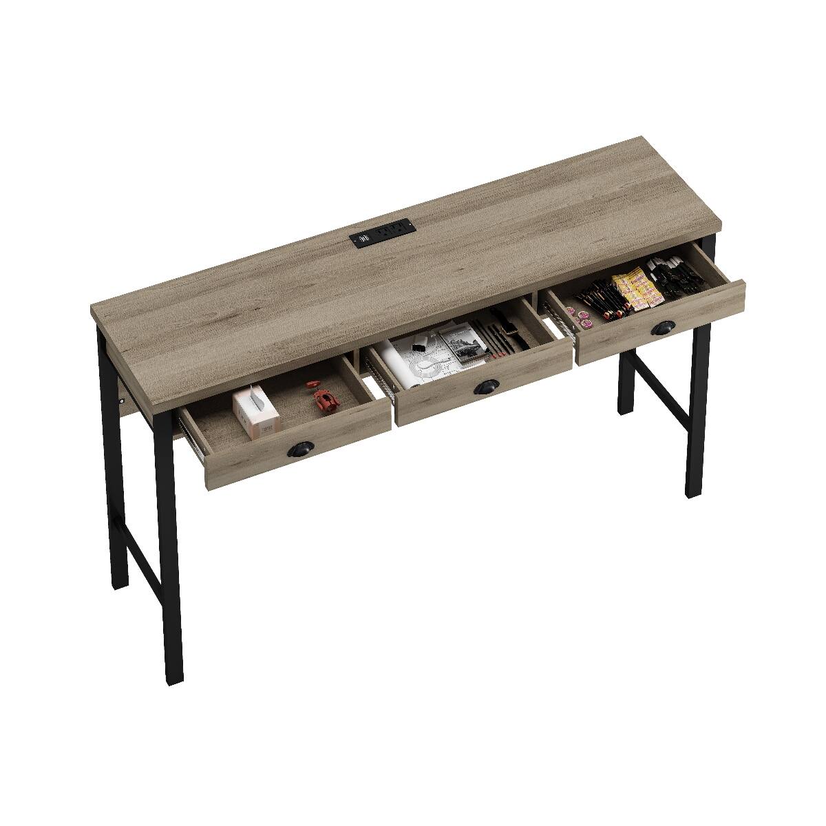 Alt View 3. Loheer - Loheer Dining Table Set With Three Stools and Tabletop Power Outlets, Brown Gray and Black - Brown Gray Table and Black Stool.