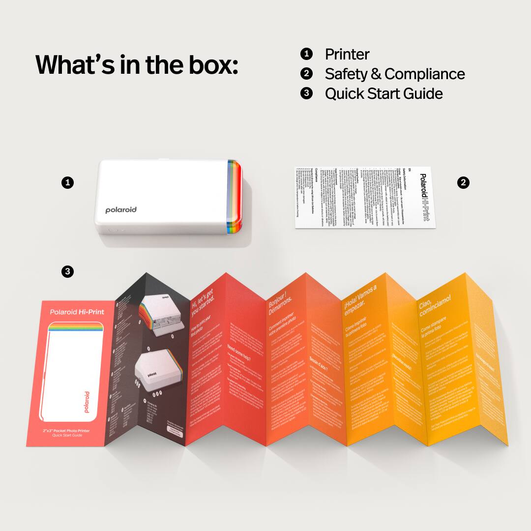 What's in the box:
1. Printer
2. Safety & Compliance
3. Quick Start Guide

1 polaroid
2 Polaroid Hi-Print
3 Polaroid Hi-Print

Bonjour ! Démarrons.
Hola ! ¡Vamos a empezar.
Ciao, cominciamo!