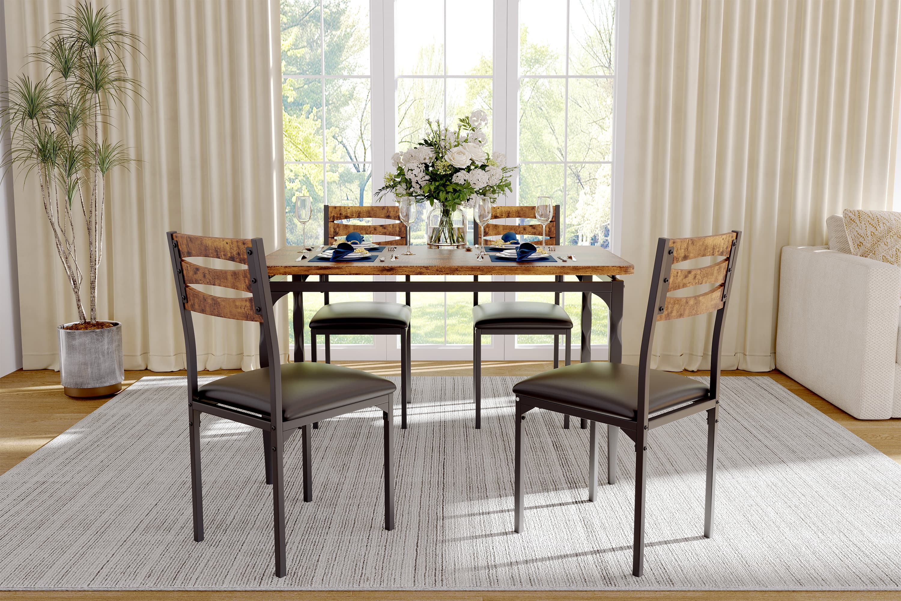 Homhougo - Dining Table Set for 4, 5 Piece Dining Table and Chairs Set of 4 - Brown