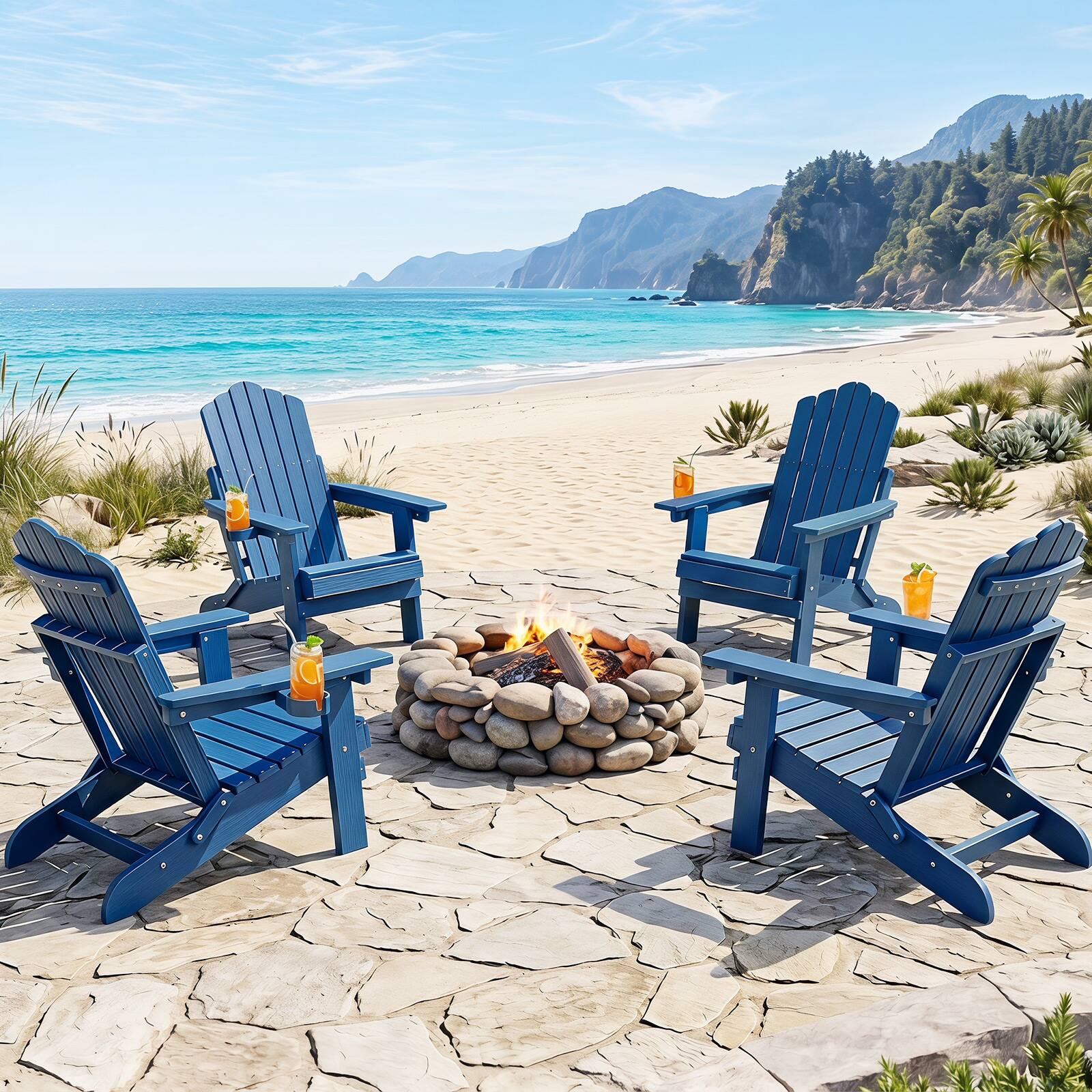 Alt View 1. Gymax - Gymax 4PCS Folding Adirondack Chair w/ 5-Level Backrest Wooden Textured for Lawn Navy - Blue.