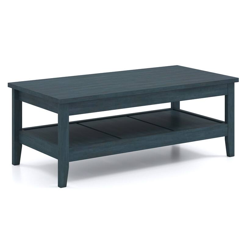 Alt View 2. WELLFOR - Farmhouse Coffee Table with Thickened Tabletop & Storage Shelf, 2-Tier Rectangular Center Table for Living Room - Blue.