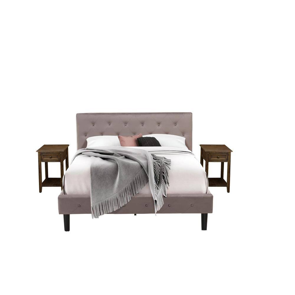 Alt View 4. East West Furniture - NL14Q-2DE07 3 Pc Bed Set - 1 Wood Bed Brown Taupe Velvet Fabric Headboard and 2 Nightstand - Distressed Jacobean Finish - Taupe Brown.