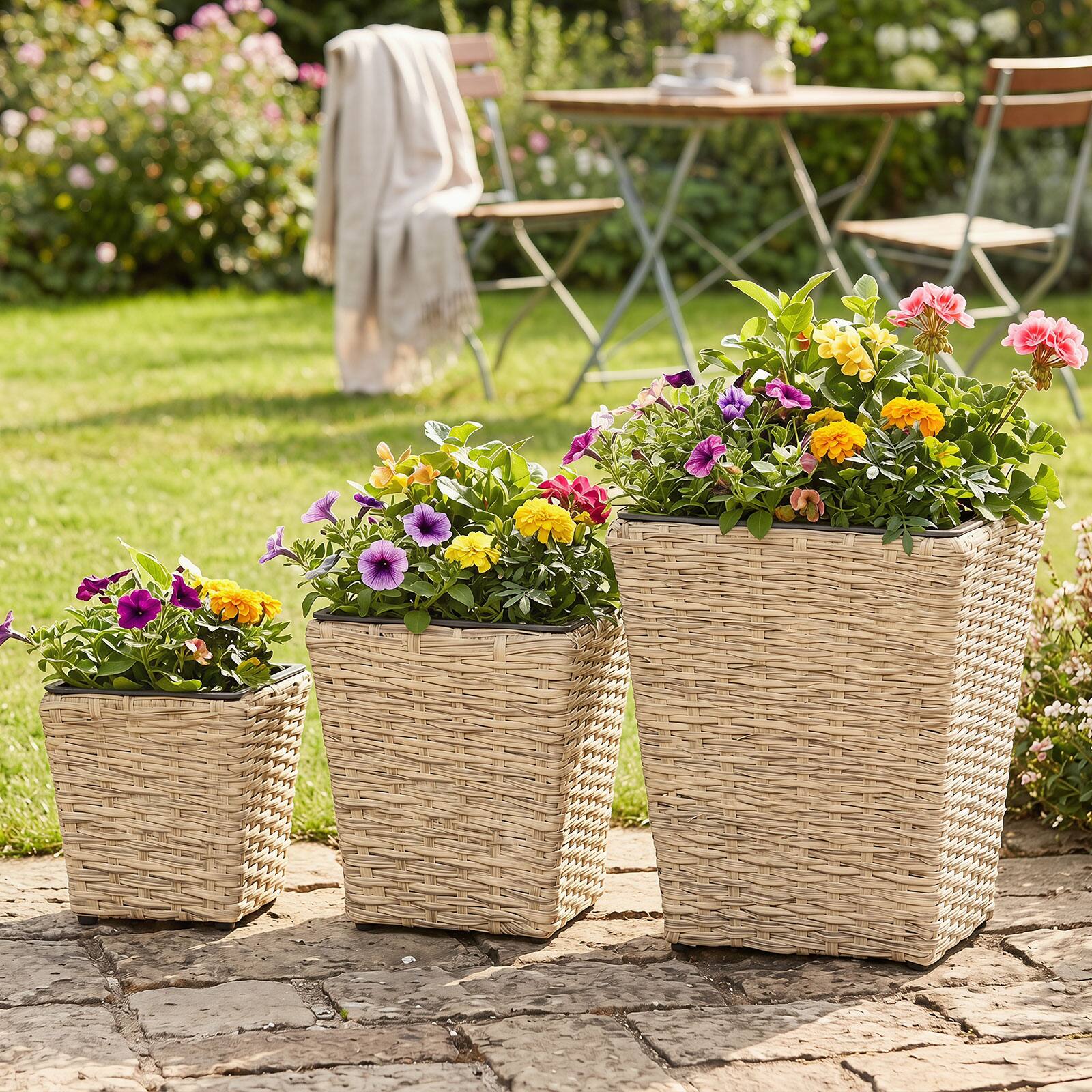 Alt View 3. Costway - Costway 3PCS Rattan Planter Box Kit with Removable Plastic Liners for Indoor Outdoor Plants - Natural.