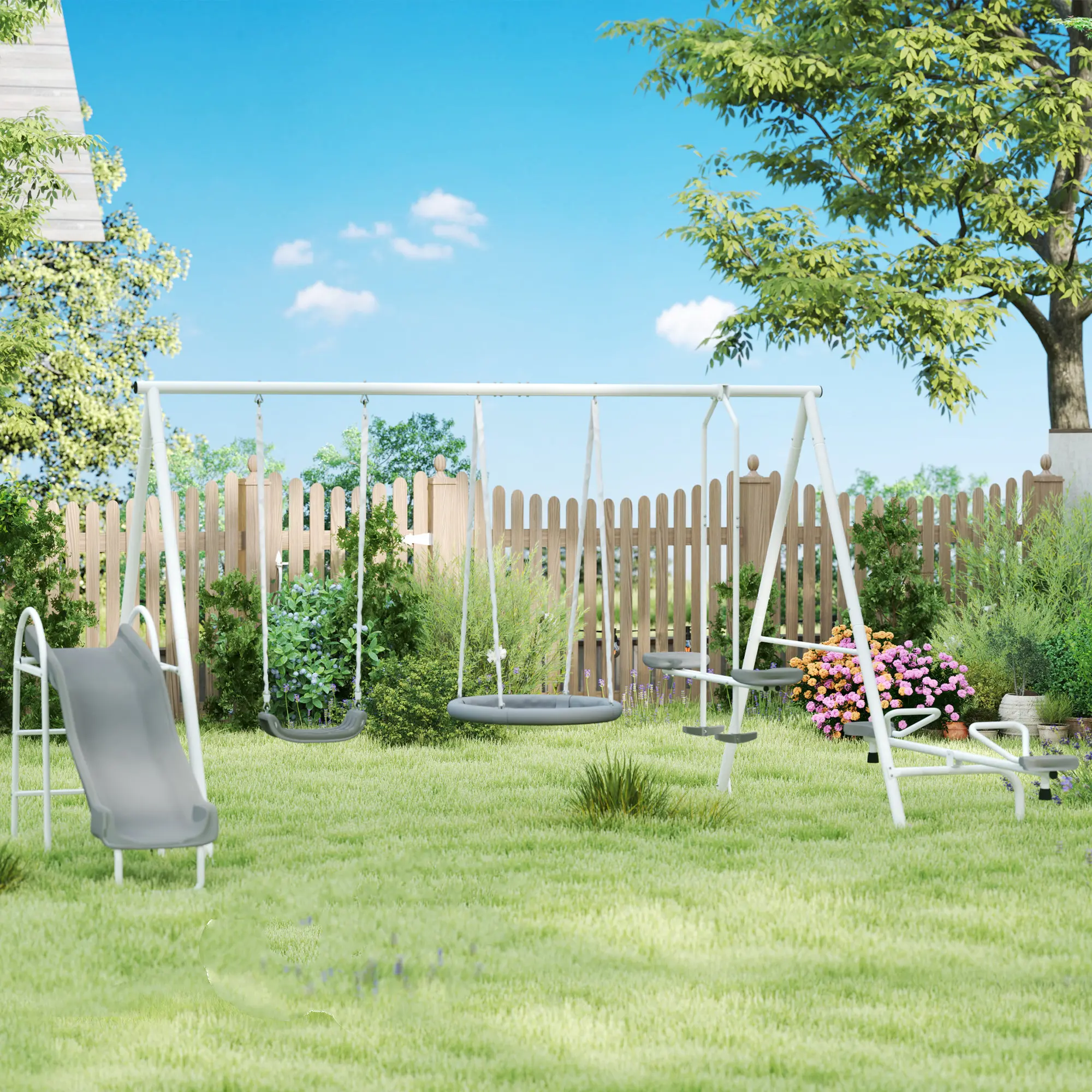 Alt View 1. Outsunny - in 1 Kids Swing Set for Backyard with Heavy-Duty A-Frame Stand, Saucer Swing, Slide, Seesaw, Glider - Gray.