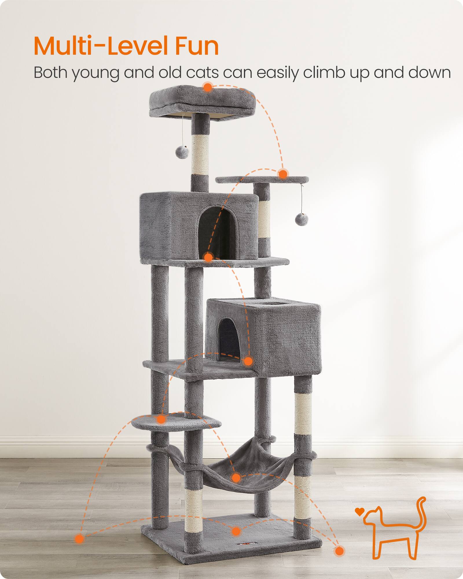 Multi-Level Fun  
Both young and old cats can easily climb up and down