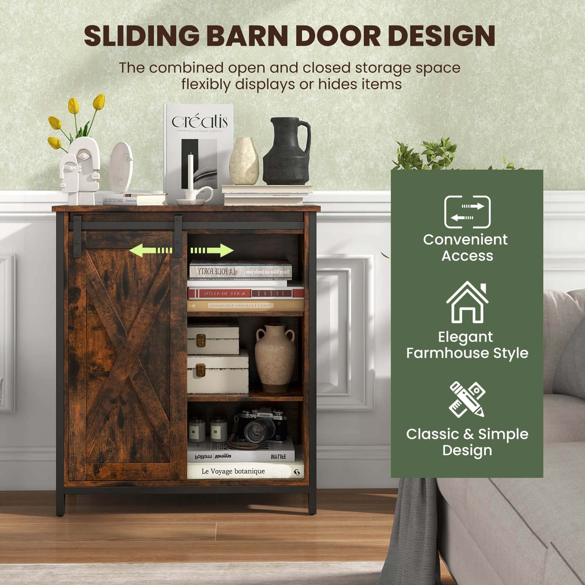 Sliding Barn Door Design: The combined open and closed storage space flexibly displays or hides items. Convenient Access. Elegant Farmhouse Style. Classic & Simple Design.