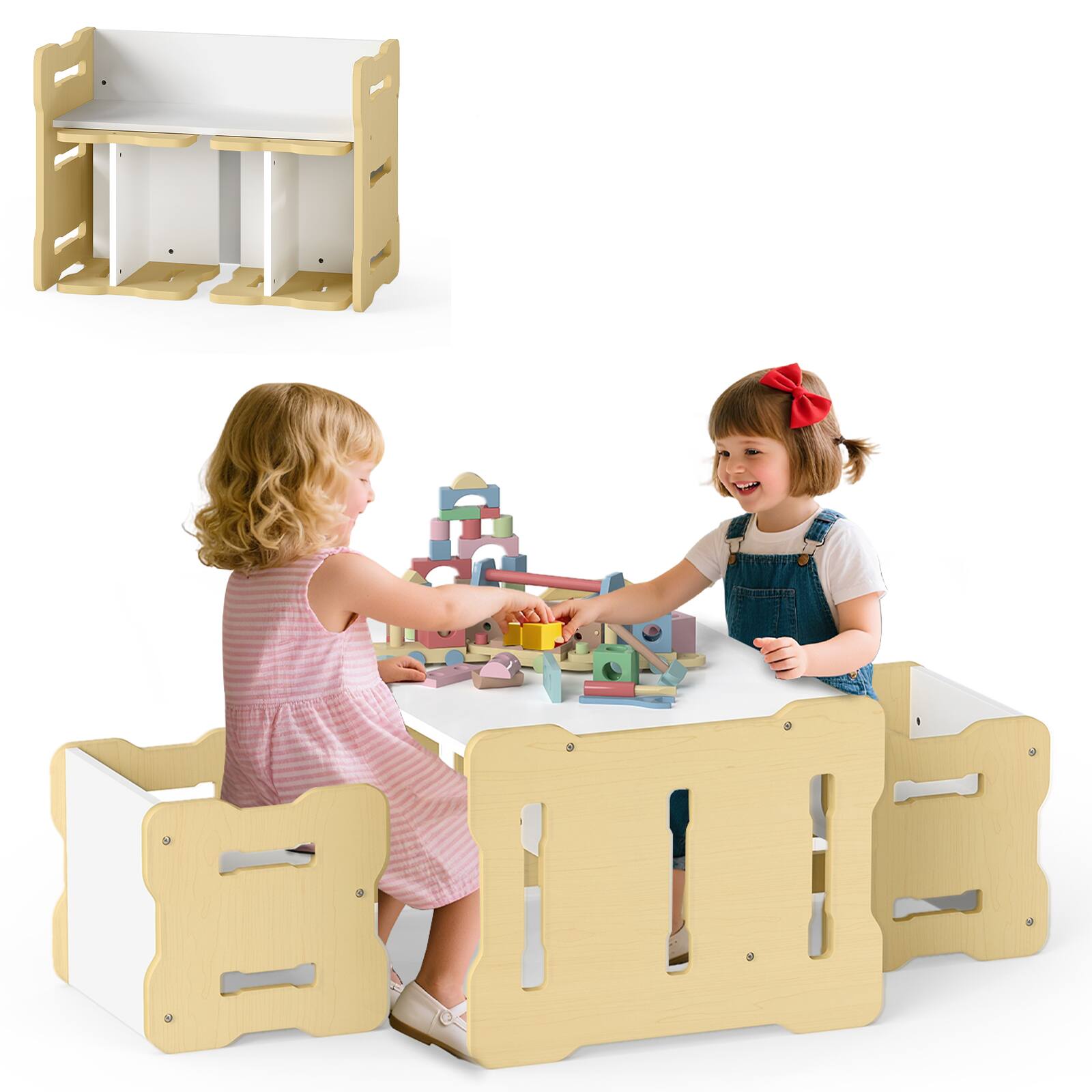 Front. Gymax - Gymax Kids Table & Chair Set 3-Piese Toddler Set w/2 Stools & Activity Table Gray Natural - Natural.