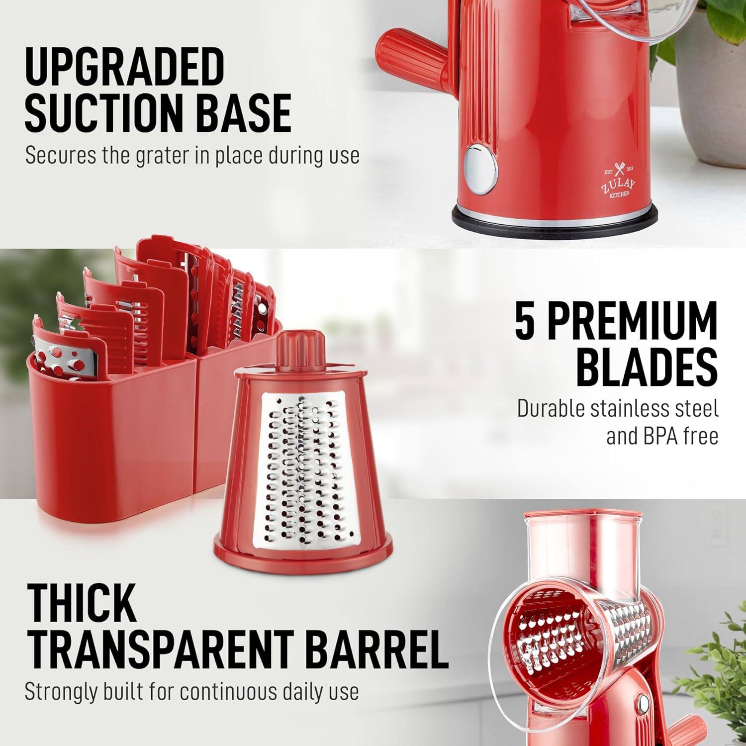 UPGRADED SUCTION BASE  
Secures the grater in place during use

5 PREMIUM BLADES  
Durable stainless steel and BPA free

THICK TRANSPARENT BARREL  
Strongly built for continuous daily use