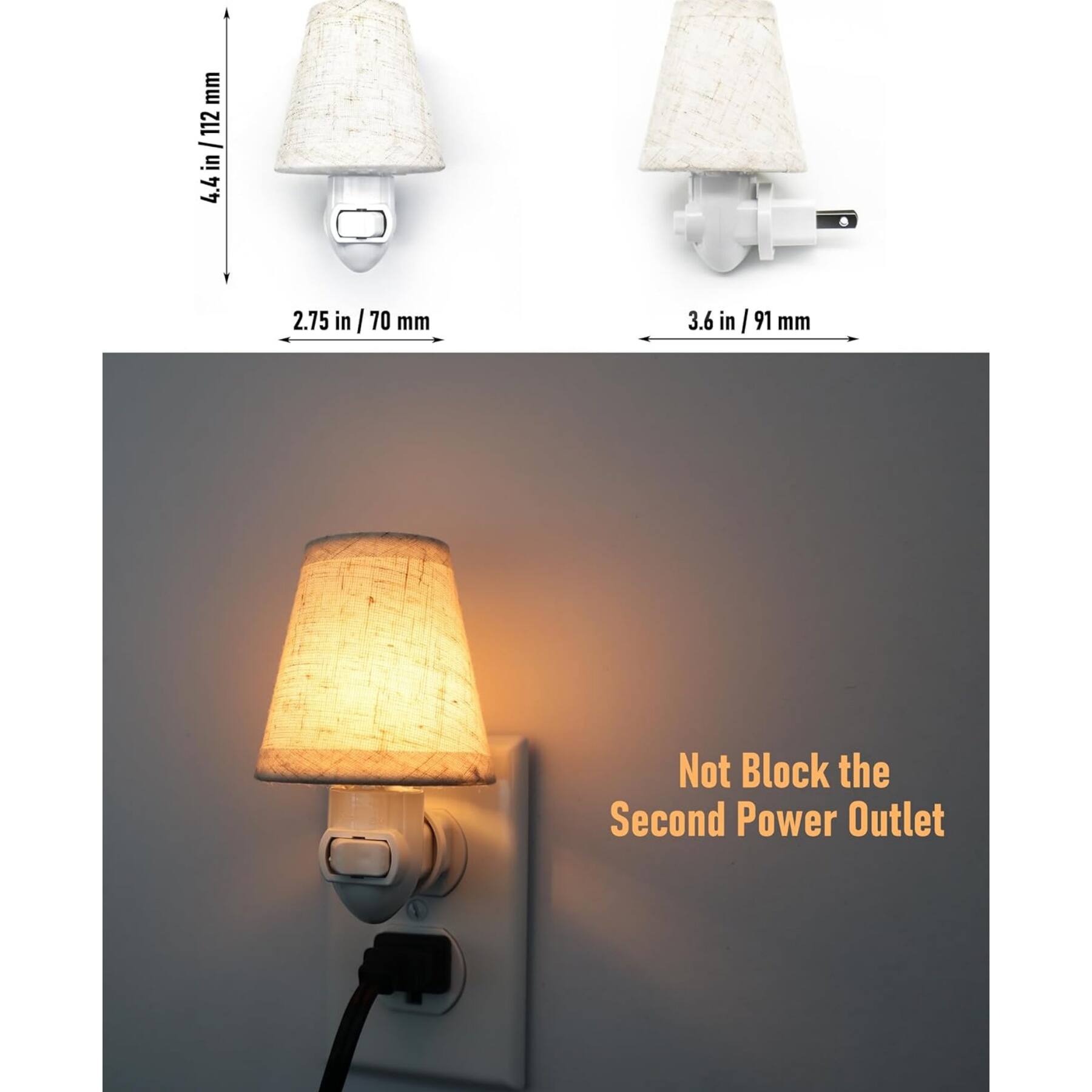 mm 112 - in / 112 in 4.4 in 2.75 in I 70 mm 3.6 in /91 I mm Not Block the Second Power Outlet