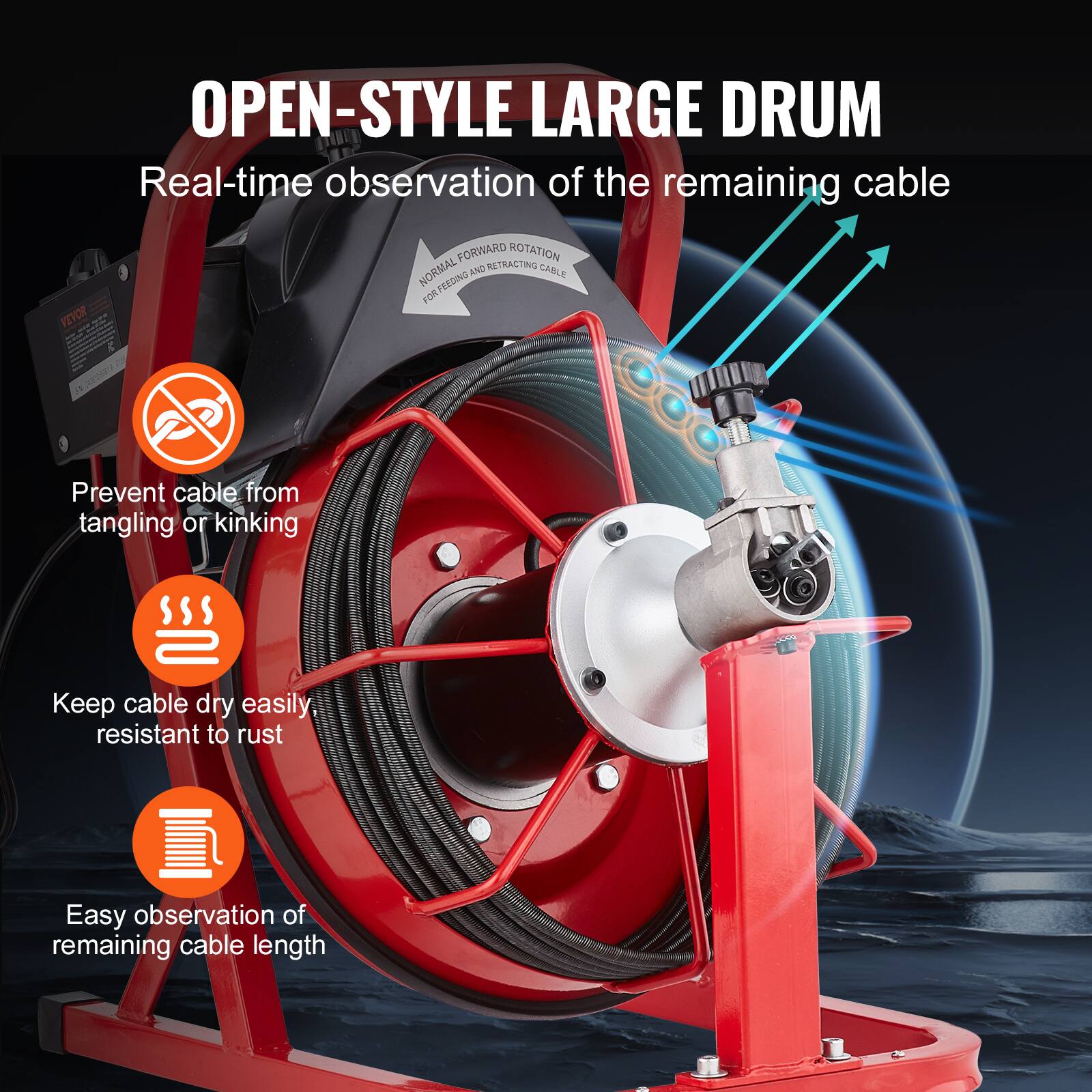 OPEN-STYLE LARGE DRUM
Real-time observation of the remaining cable
NORMAL FEEDING AND RETRACTING CABLE FOR FORWARD ROTATION
Prevent cable from tangling or kinking
Keep cable dry easily resistant to rust
Easy observation of remaining cable length
